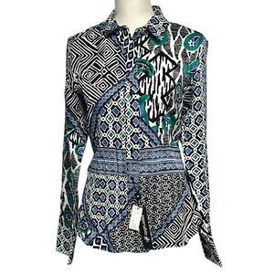 Paperwhite‎ Black Green Blue Unique Button Down Shirt Women's 12